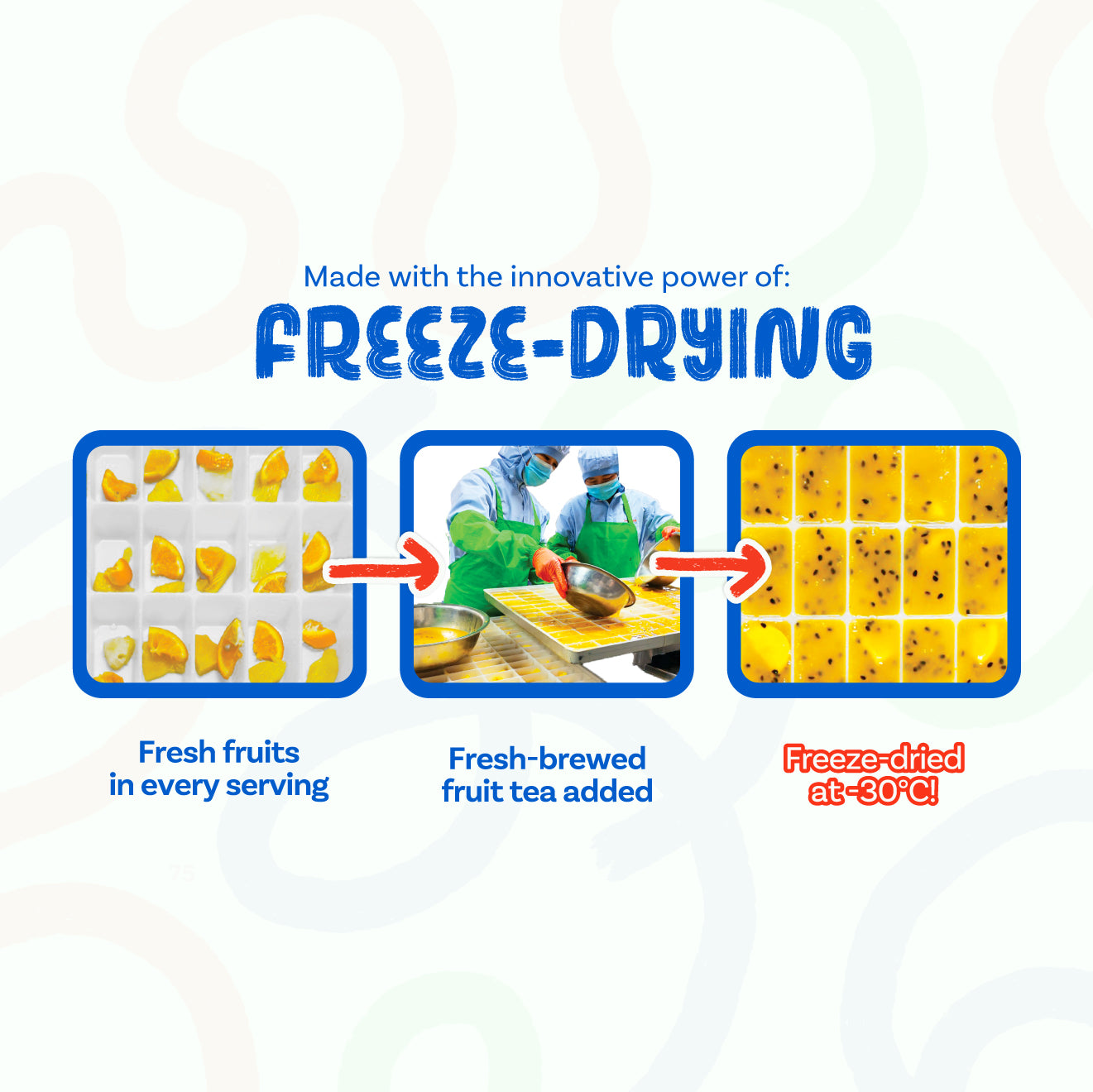 Brik't diagram showing fruit and brewed fruit tea being freeze-dried into cubes