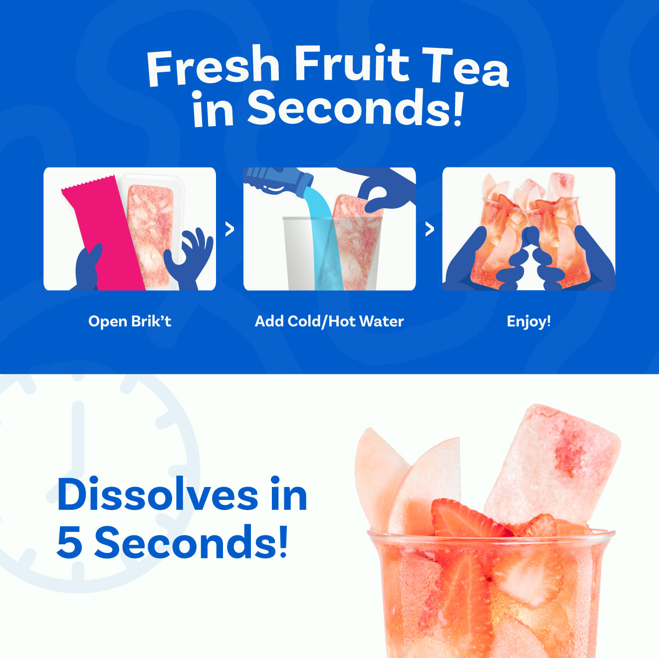 Brik't guide showing a sachet opened, water added and a prepared fruit tea